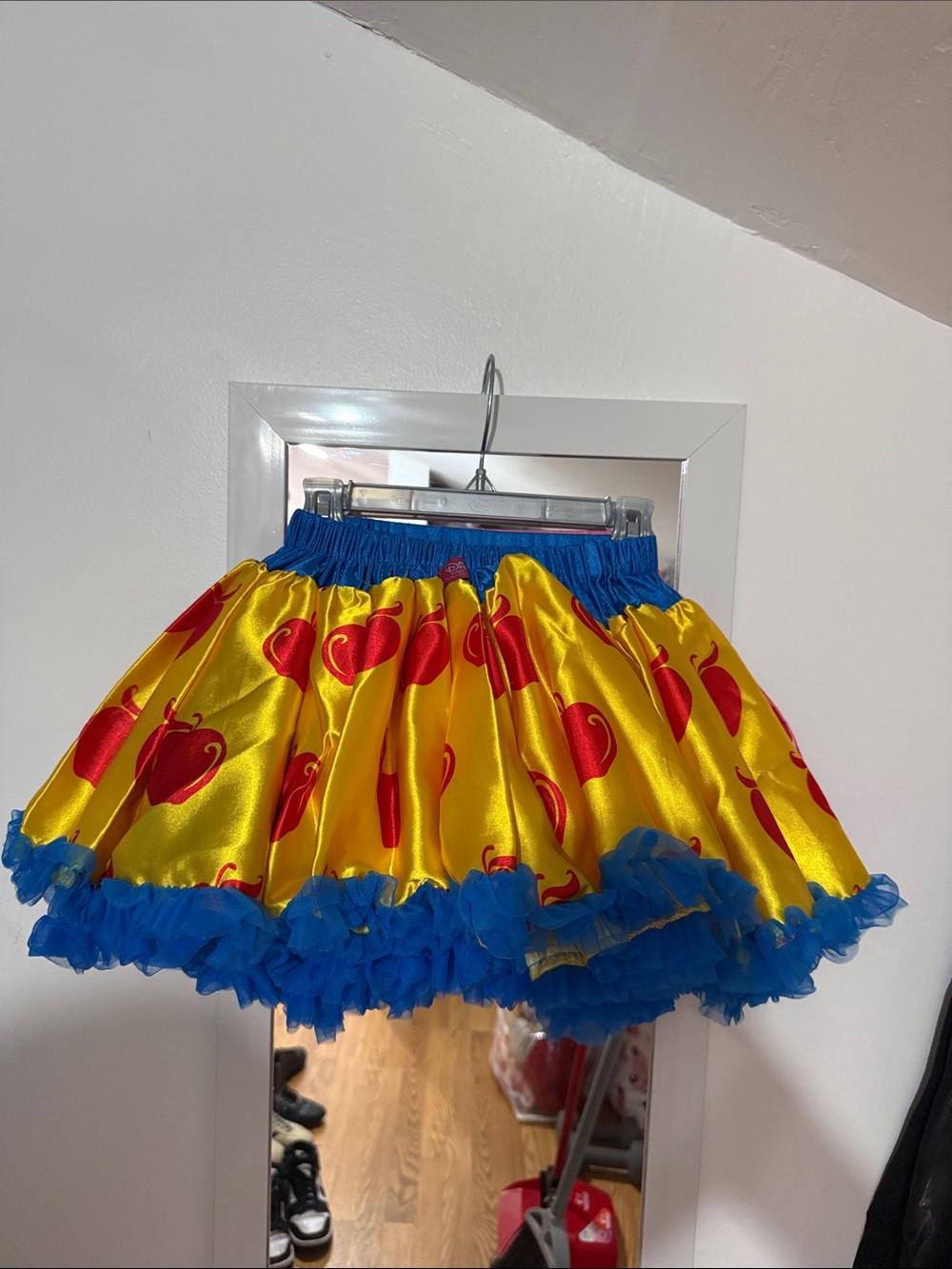 Disney Yellow Satin Skirt with Red Apple Print and Blue Trim